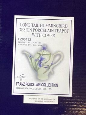 Franz Porcelain Hummingbird Tea Pot - Blue & Green Accents - Original Packaging